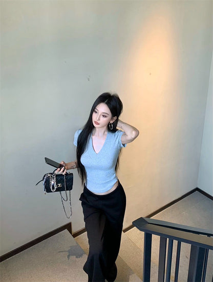 May. RO系列高腰休閒褲 必入V領顯瘦上衣 灰