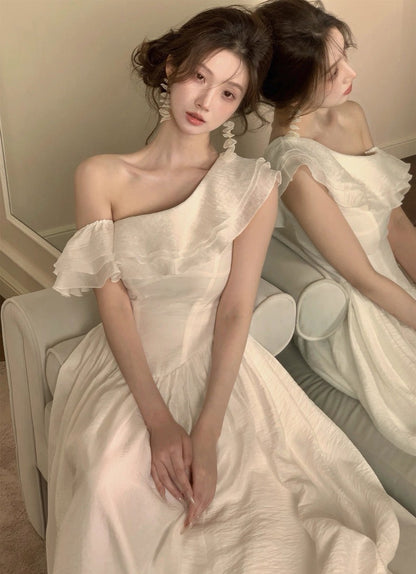 25Aug. 高光時刻法式斜領荷葉收腰連身裙 短款/長款