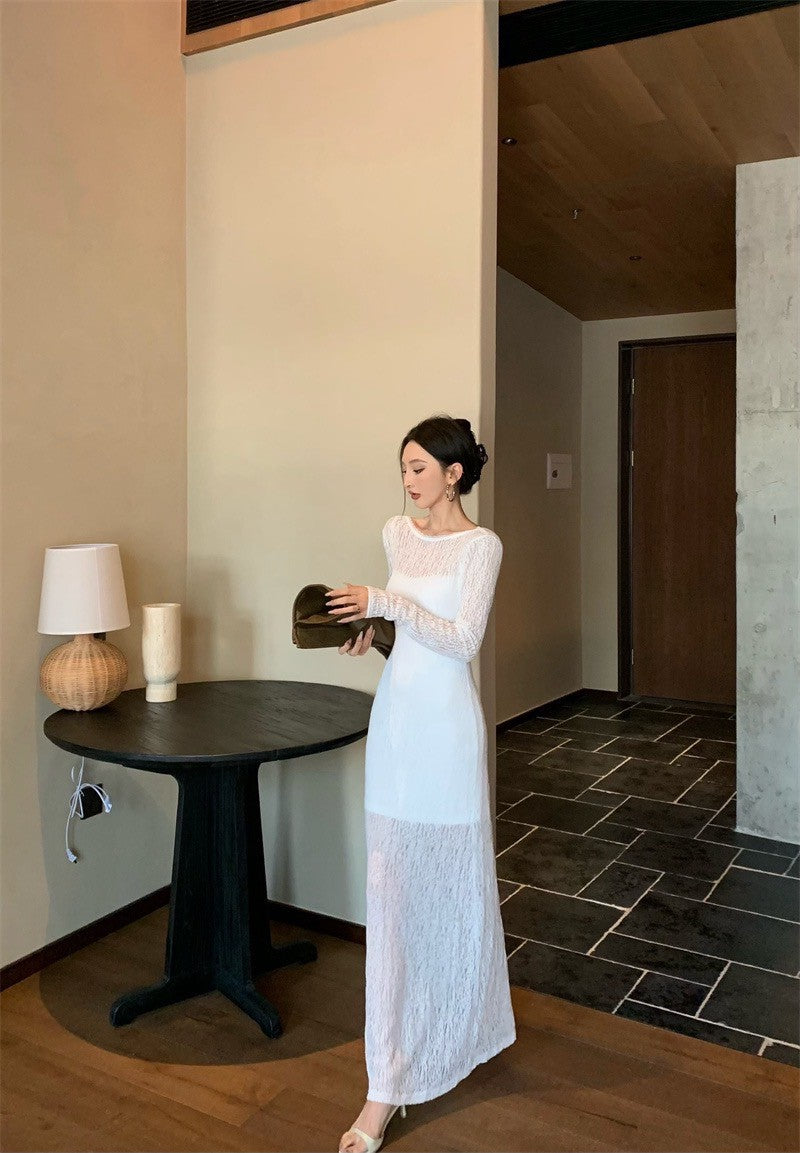 May. Backless dress歐美透視感疊穿連身裙（含內搭）白