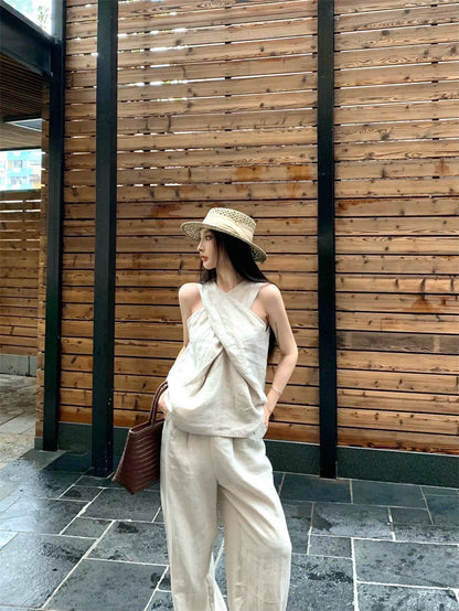25Aug. 老錢鬆弛不費力交叉設計背心闊腿褲套裝 亞麻色