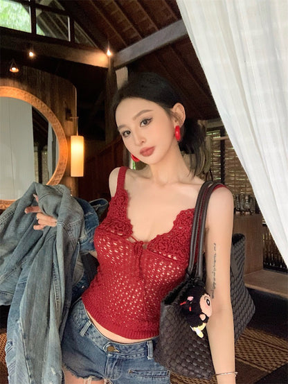 Jun. 島嶼渡假粗鈎織花背心 黑/紅