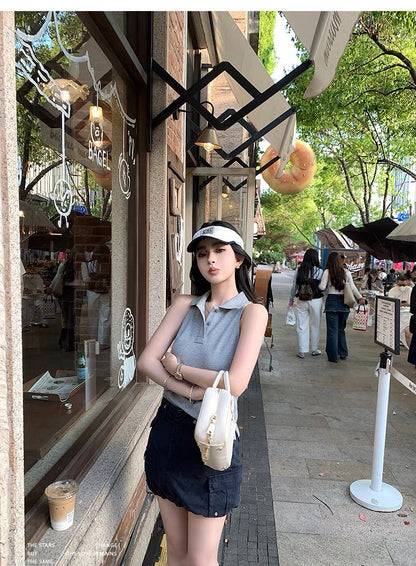 Jun. 大膽穿韓系學院polo領好版型無袖鈕扣背心 白/灰