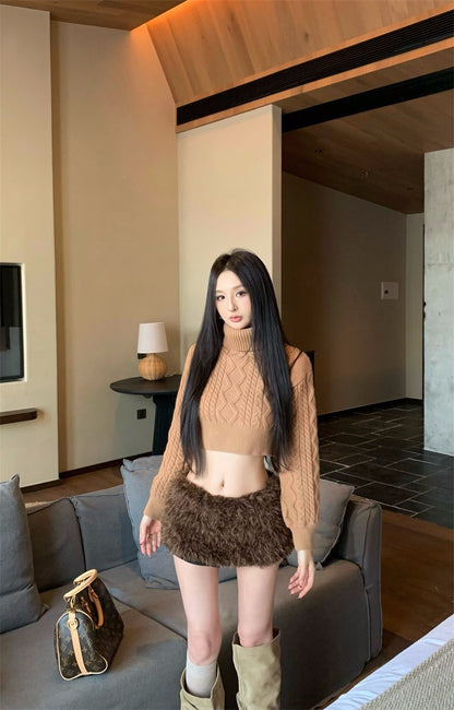 26Jan.精緻姐姐兩穿高彈麻花針織上衣 辣妹毛毛褲裙 咖