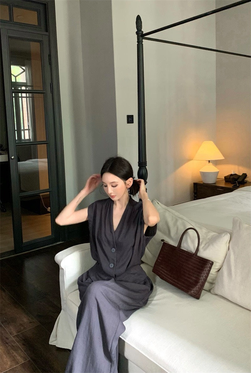 25Nov. 鬆弛老錢V領排扣馬甲闊腿褲套裝 灰