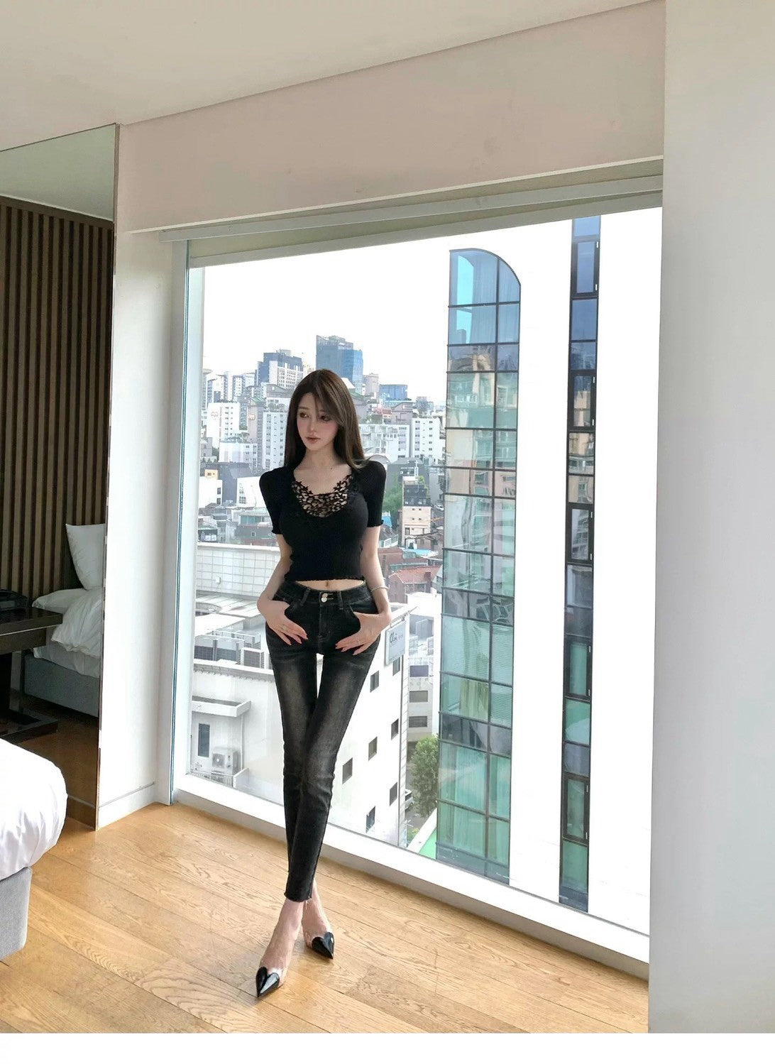 26Oct. 美腿實錄 手刷白中腰九分褲 灰黑