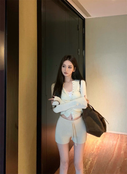 25Jul. 奶油居家 鈕扣針織開衫 針織短褲