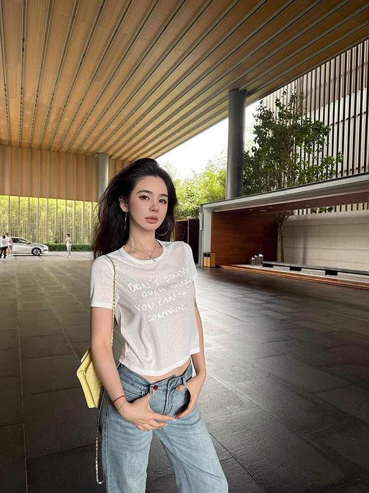 25Oct. 韓系雪花棉立體字母白色上衣 短款/長款