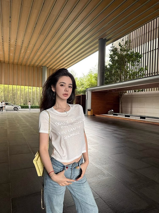 25Oct. 韓系雪花棉立體字母白色上衣 短款/長款