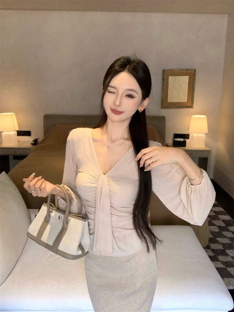 25Nov. 溫柔褶皺V領純欲天花板上衣 針織裙