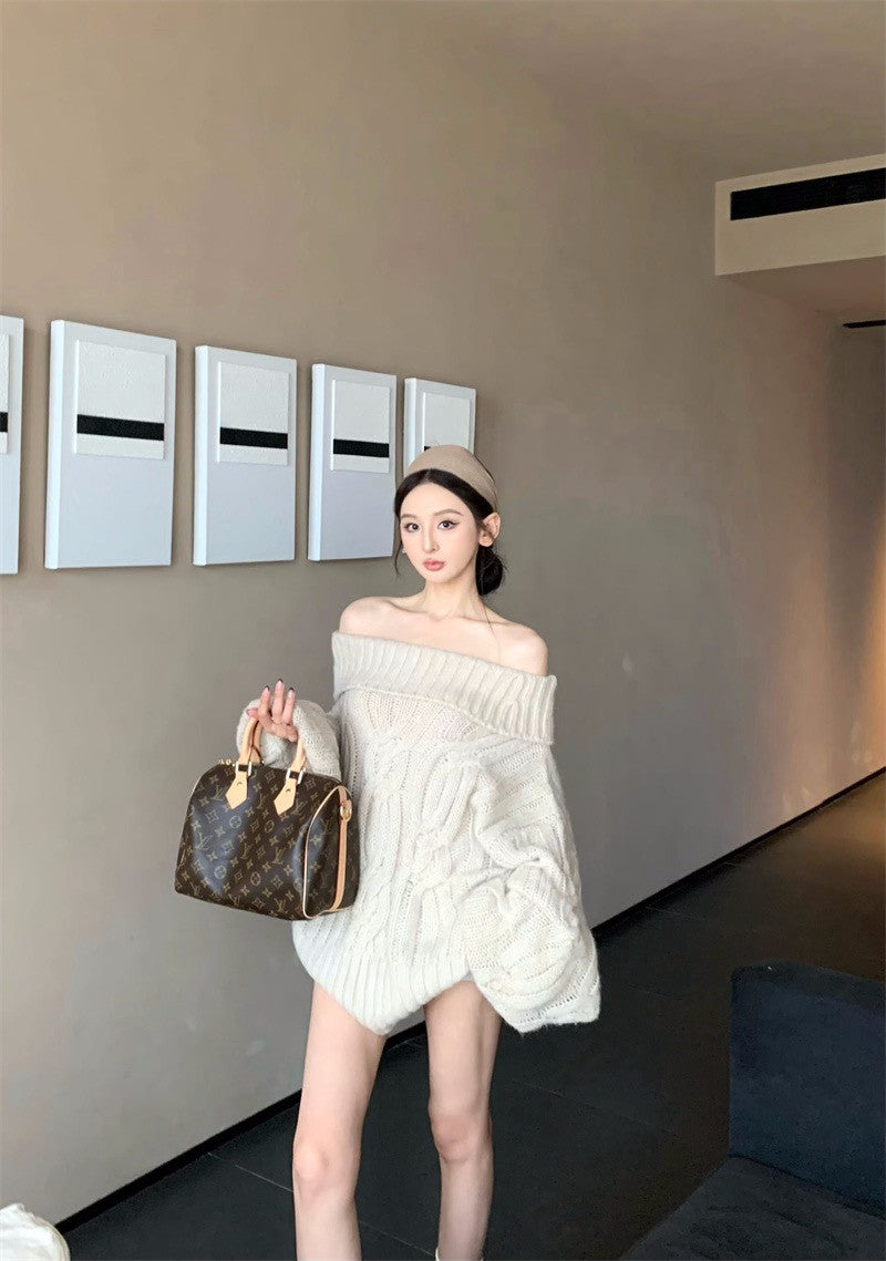 25Dec. Romantic慵懶純慾vibe一字領麻花針織上衣 卡