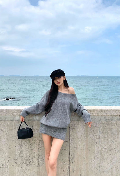 26Jan. 溫柔復古一字領連身針織裙套裝 灰/杏