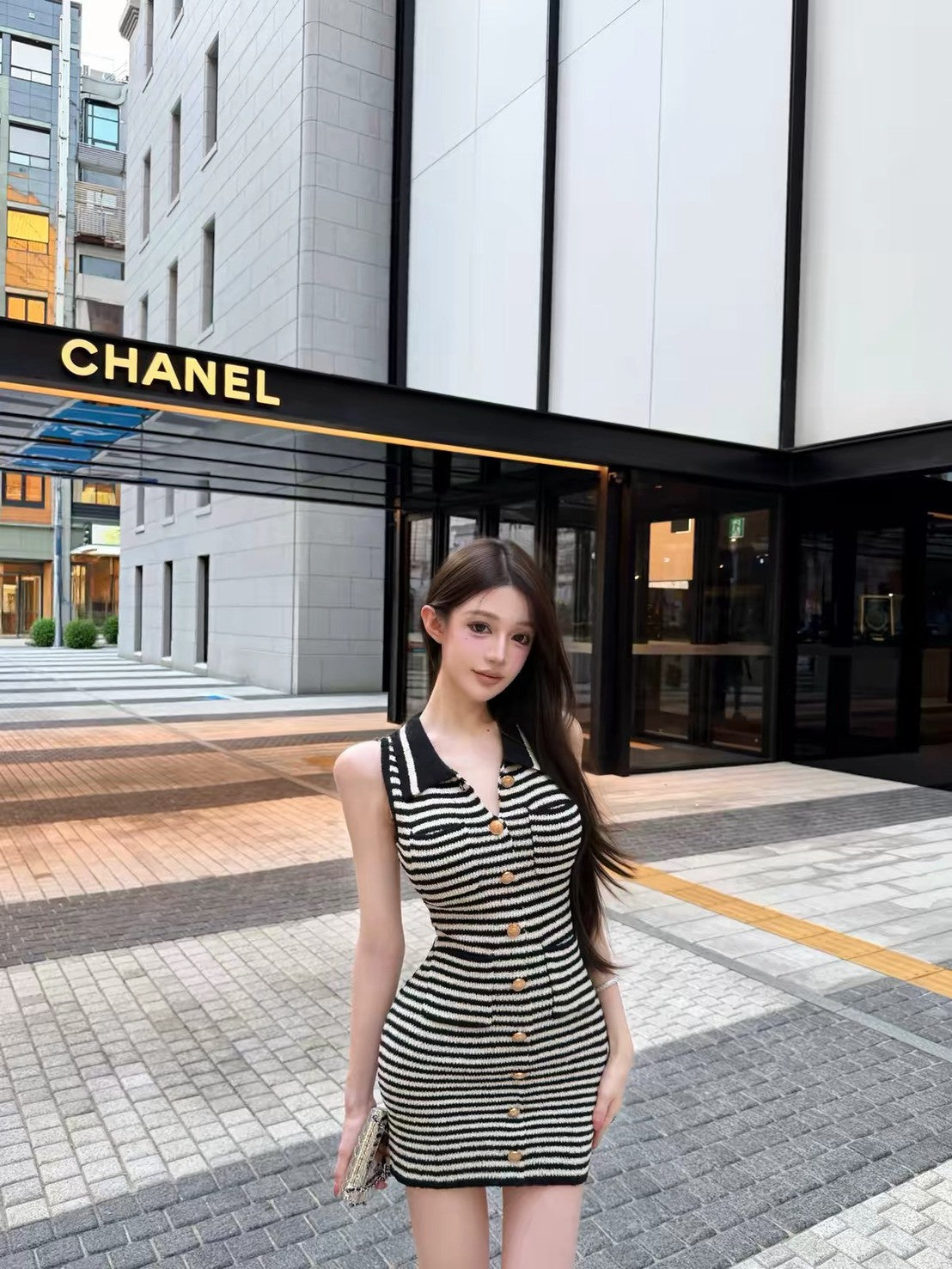26Oct. 巴黎夜宴 小香翻領修身條紋針織裙