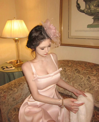 Mar. 曼妙天鵝 法式氣質蝴蝶結收腰連身裙 粉