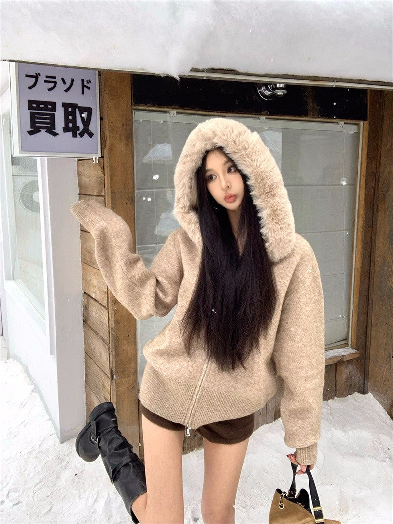 25Dec. 可拆卸奶油針織毛帽外套 杏/灰