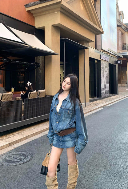 26Feb. 個性棉質刷色牛仔外套半身裙套裝