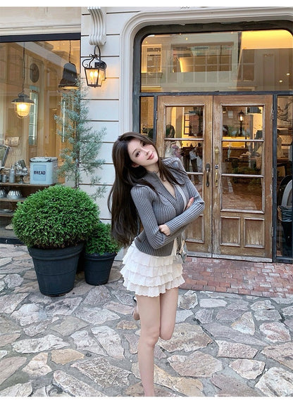 25Oct. 高智灰色立領拉鍊修身針織外套