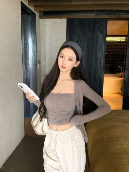 25Nov. 法式純欲感褶皺背心開衫2件組 休閒闊腿褲 灰卡色系