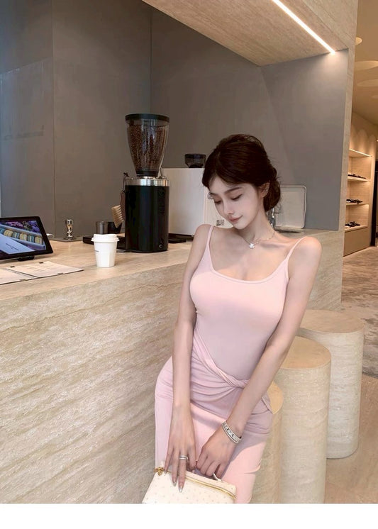 25Aug. 瘦瘦狂魔 側腰扭結U領背心連身裙 粉
