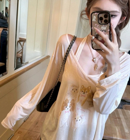 Jun. 萌狗勾 天絲小狗印花兩件式防曬上衣 杏色