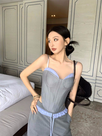 Apr. 復古鹽系 魚骨馬甲吊帶抹胸 拼色休閒褲 灰