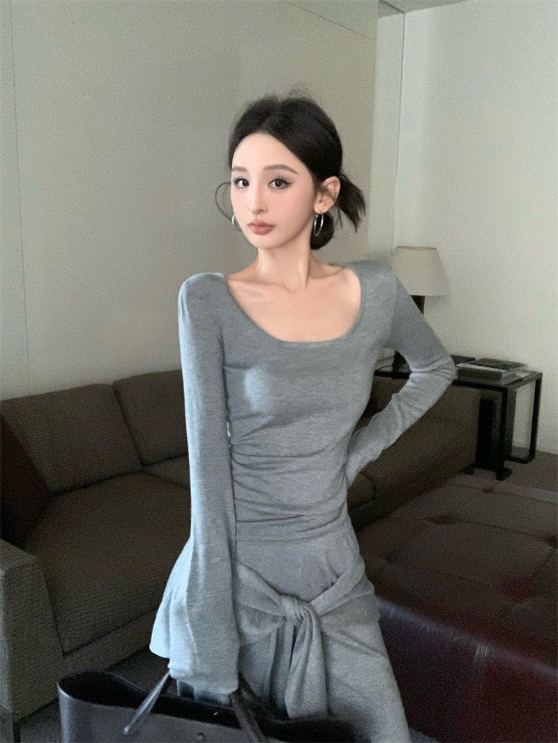 May. Lu系紙片系列 大U領上衣假兩件式綁帶休閒褲套裝 灰