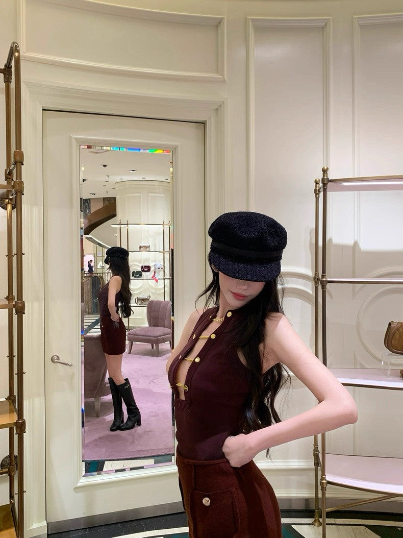 26Jan. 性感雙排金釦小巴鏈條背心 酒紅