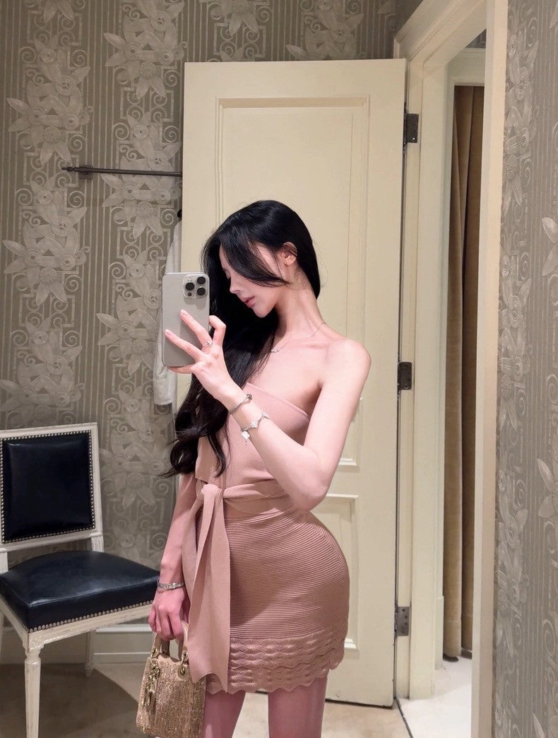 25Aug. 溫香晚玉 絕頂版型抹胸針織套裝 粉