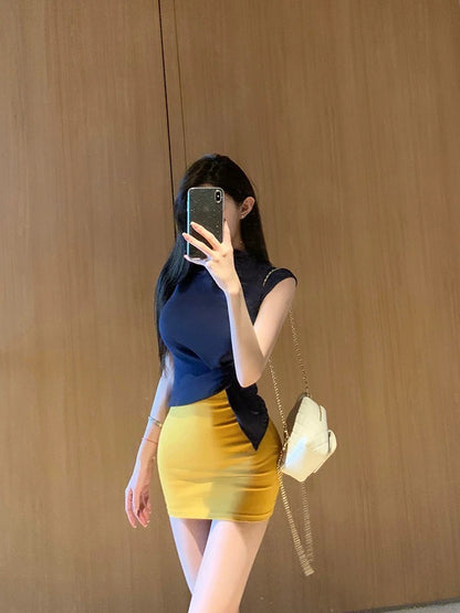May. 黃金比例 春夏招財黃顯瘦半身裙 氣質半高領上衣