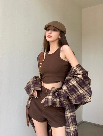 Mar. 復古美拉德 慵懶寬鬆格紋襯衫 消肩背心 修身短褲