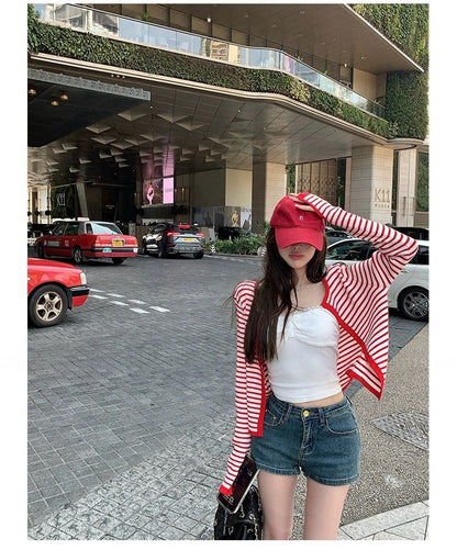 25Nov. 春日小記 復古紅白條紋針織圓領開衫