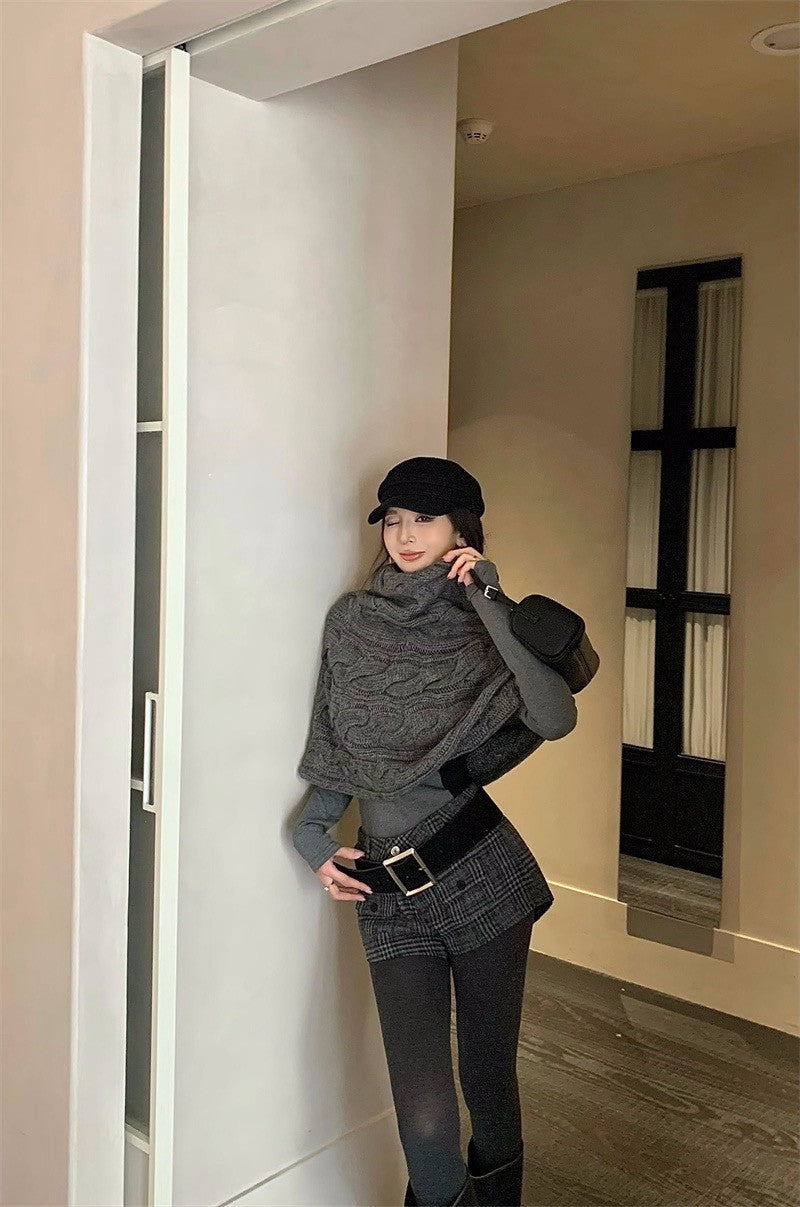 25Dec. 斗篷均碼多用法式花紗針織/英格蘭復古格紋短褲 灰色系