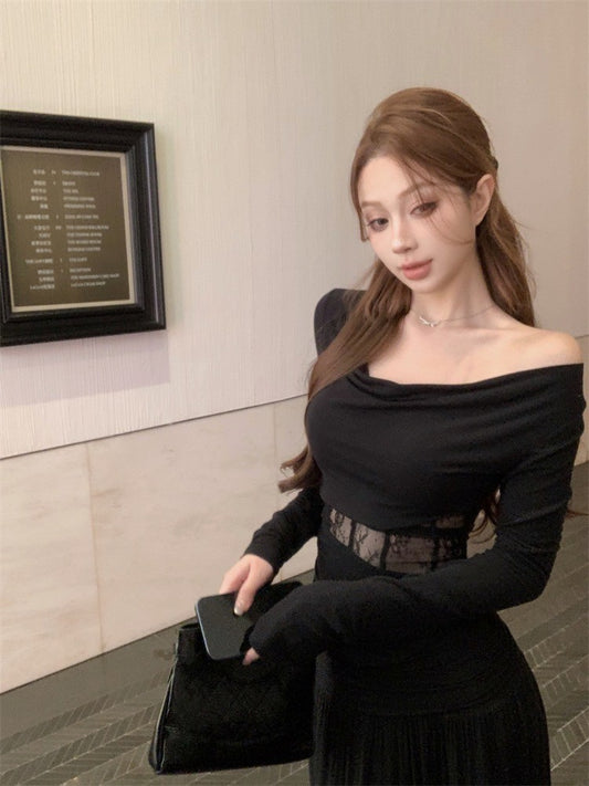 Mar. 香軟Crush 設計感一字領魚骨縷空上衣 褶皺飄逸半身裙 黑