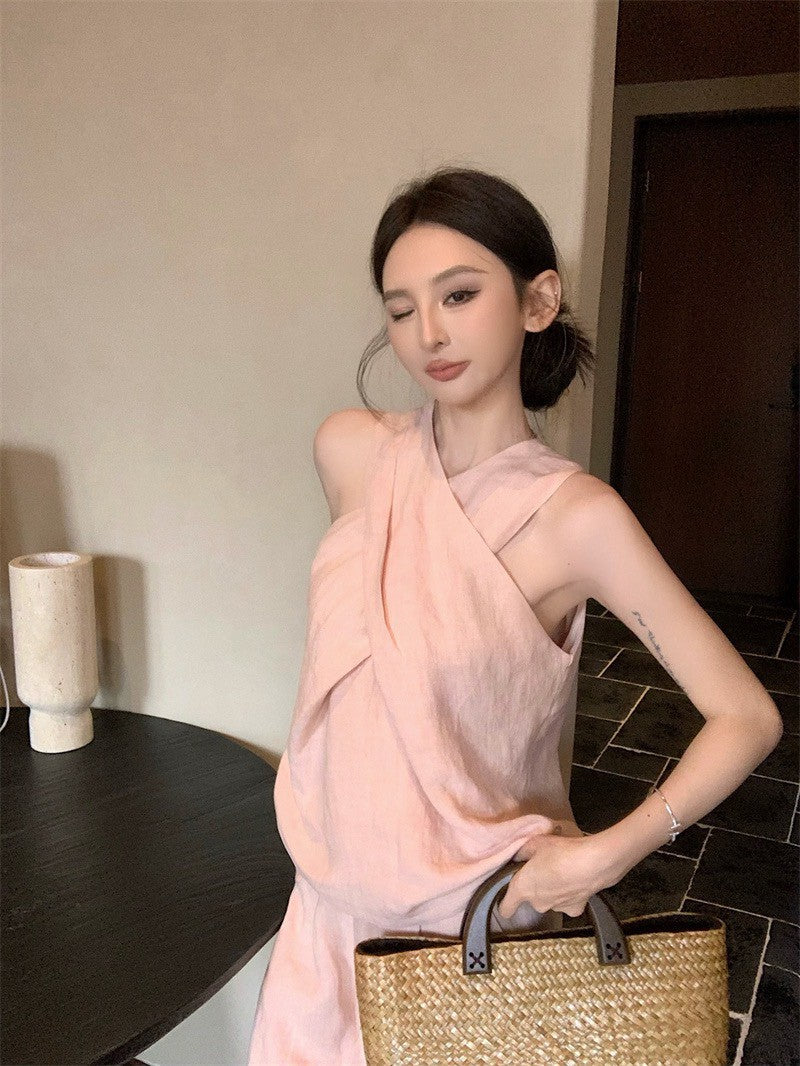 25Aug. 老錢鬆弛不費力交叉設計背心闊腿褲套裝 橘粉/黑色