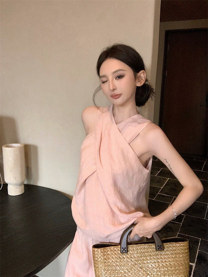 25Aug. 老錢鬆弛不費力交叉設計背心闊腿褲套裝 橘粉/黑色