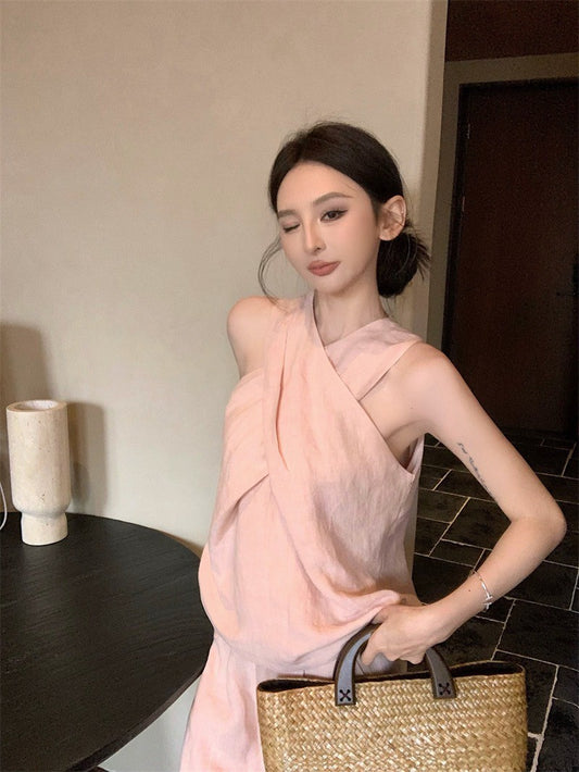 25Aug. 老錢鬆弛不費力交叉設計背心闊腿褲套裝 橘粉/黑色