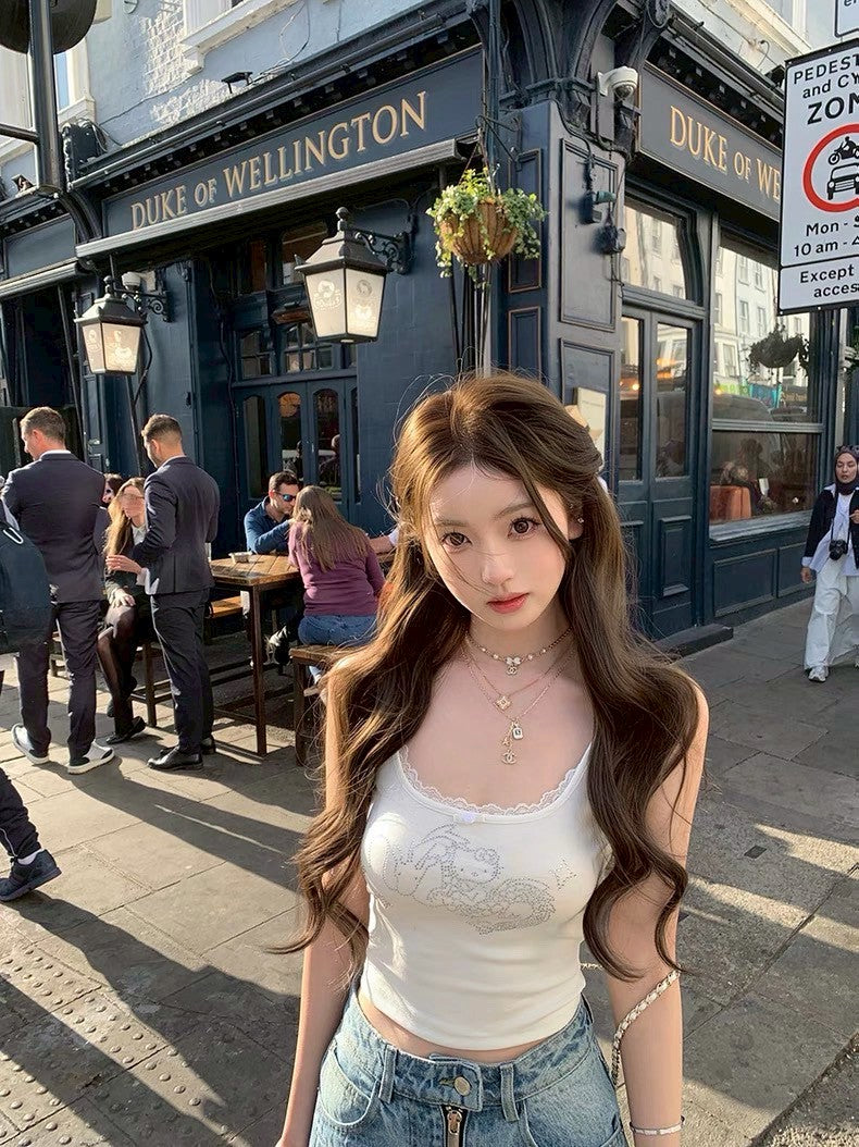 Jun. 凱蒂喵喵醬 燙鑽kitty蕾絲背心 3色