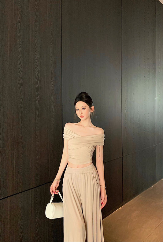 25Sep. 中古氣質交叉設計上衣棉料半身裙套裝 杏