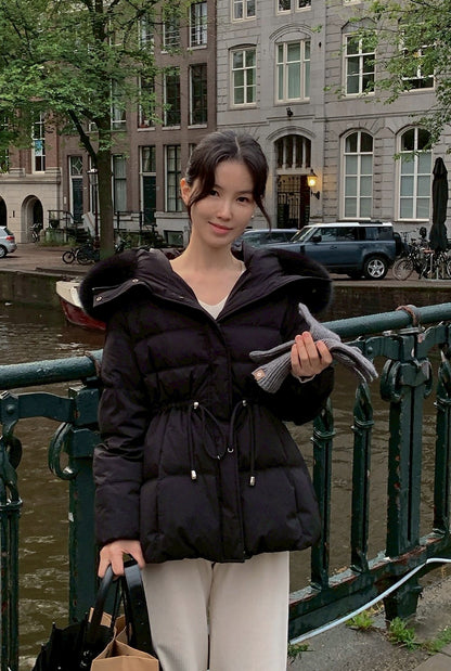 25Dec. 雪絨奶芙毛毛帽收腰羽絨外套 黑