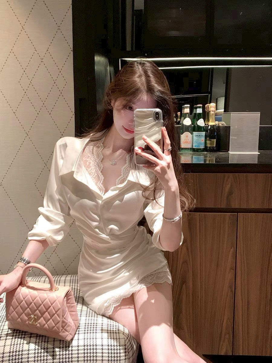 26Feb. 氣質韓女緞面純欲蕾絲收腰襯衫裙