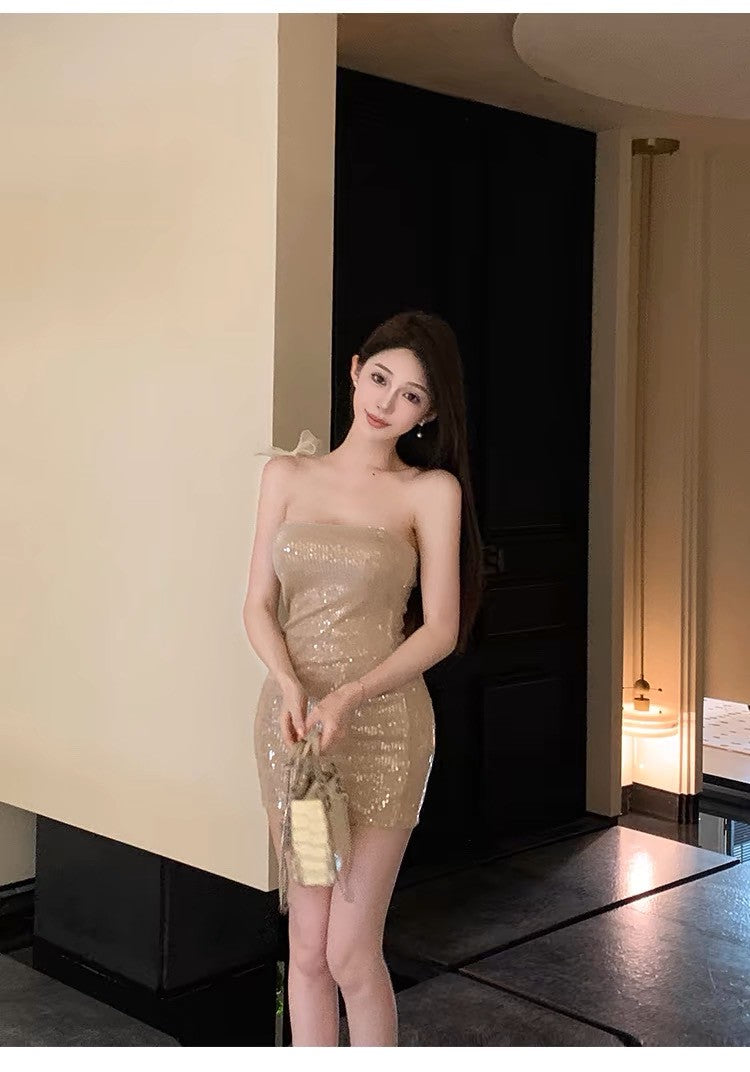 Apr. 人魚綺夢 香檳粉色亮片綁帶抹胸連身裙