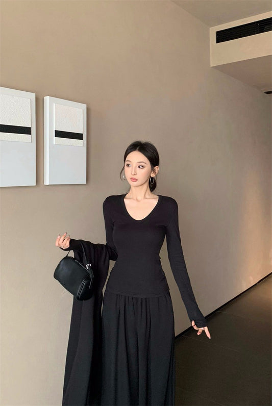 25Dec. 舒適至上多用式披肩U領長袖打底休閒褲三件套 黑