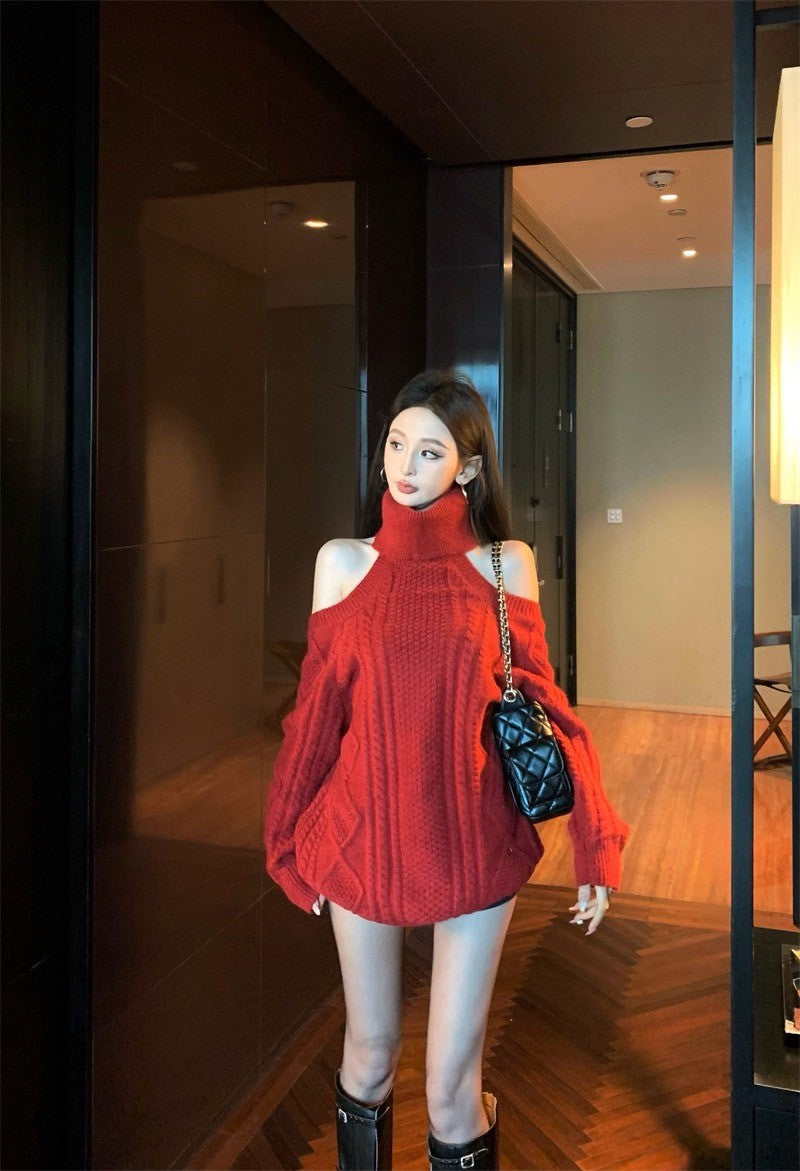 Feb. 復古序曲 麻花高領露肩針織上衣 紅
