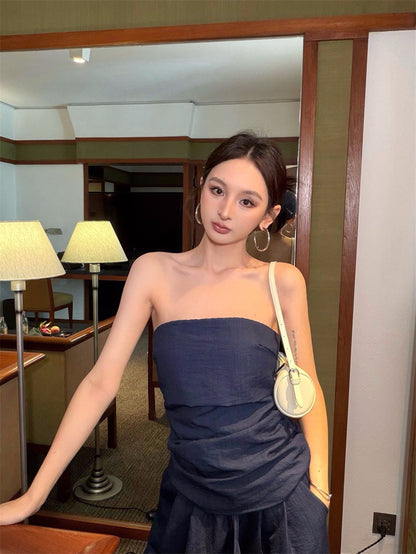 26Apr. 通勤標配 慵懶感褶皺抹胸休閒褲套裝 牛仔藍/白