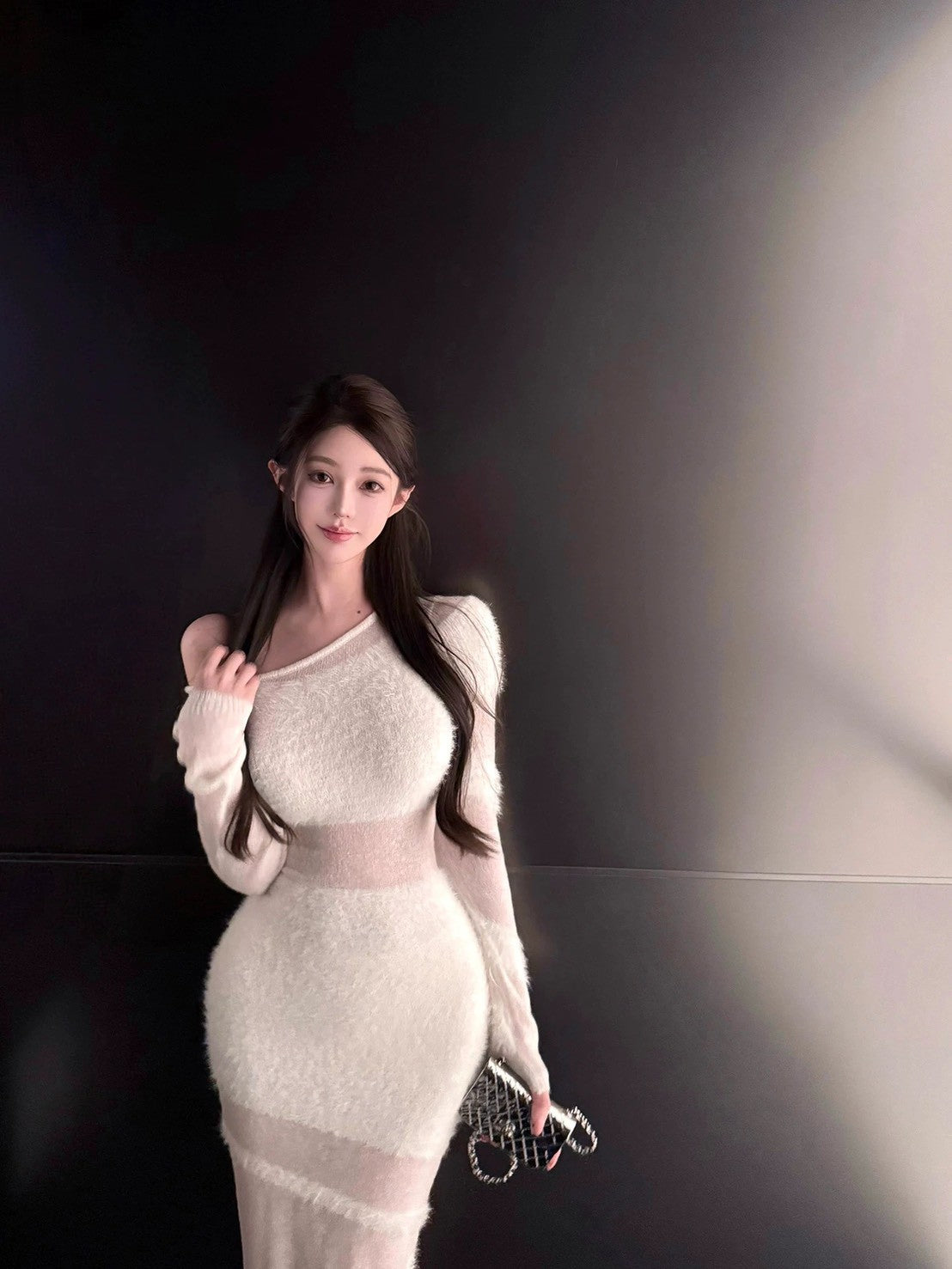 26Feb. 暮光女神混羊毛透視拼接斜肩連身裙