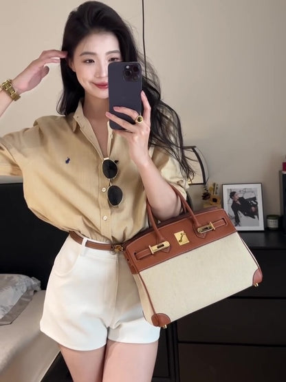 25Oct. 日常ballet 優秀版型棉麻刺繡老錢襯衫 卡其色/修身短褲 白色