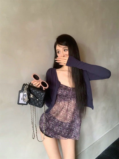 May. Za秘境花園 法式雪紡碎花背心 藍色小罩衫