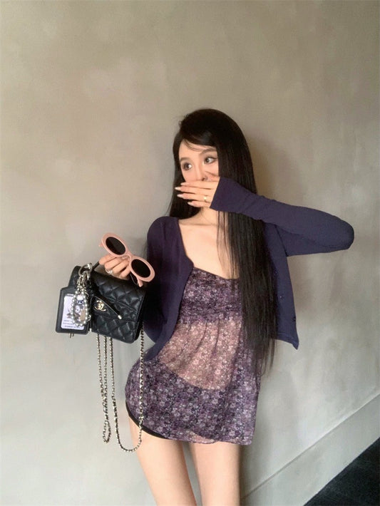 May. Za秘境花園 法式雪紡碎花背心 藍色小罩衫