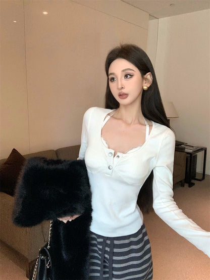 Feb. 居家舒適穿 假兩件式自帶胸墊上衣 白