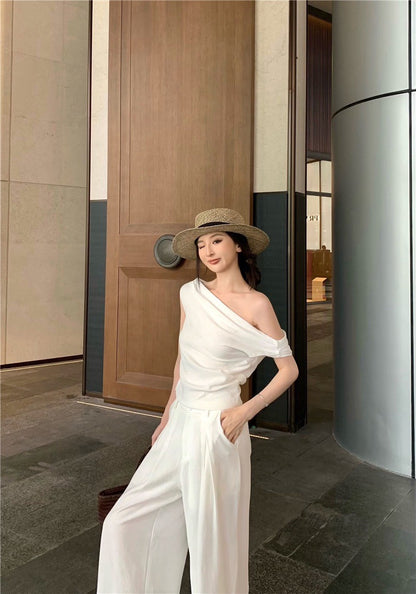 25Jul. 渡假老錢 新款清甜系斜肩褶皺上衣長褲套裝