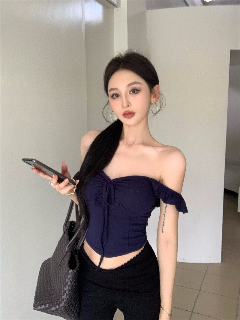 Jun. 日系純欲抽繩顯瘦上衣 藍/紅 黑色高腰休閒褲